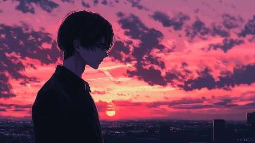Silhouetted boy stands against dense red and purple sunset sky