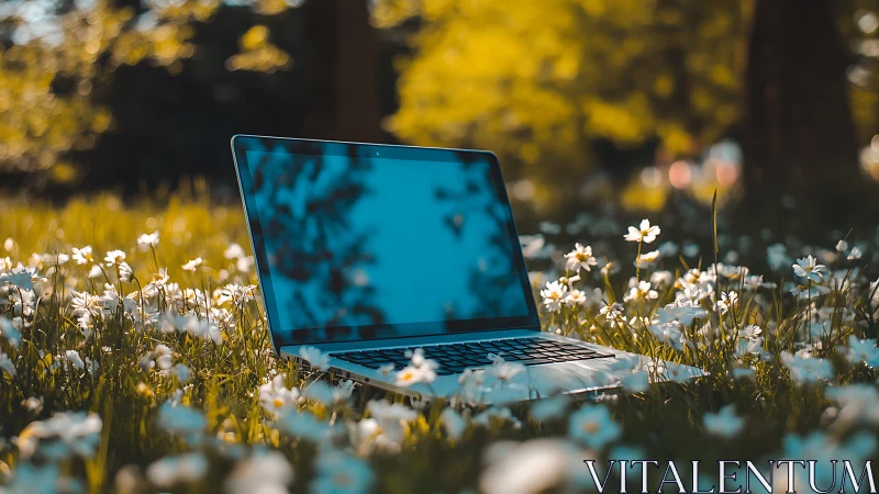 Laptop daydreaming in a meadow of sunlight and wild ideas.