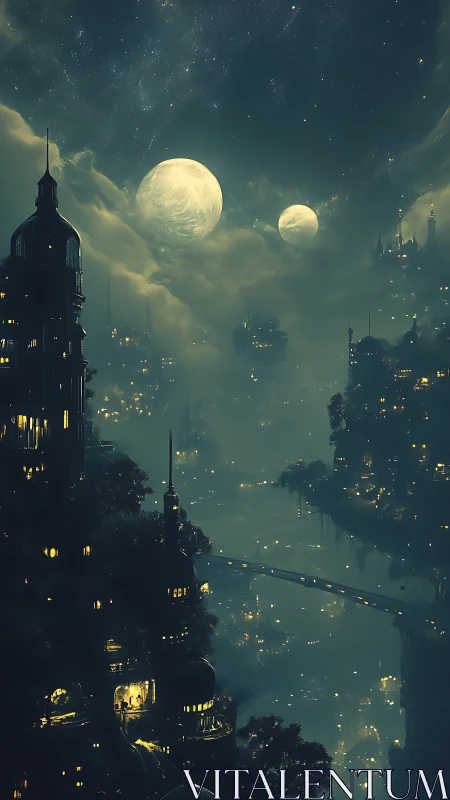 Dual-moon nocturnal cityscape with atmospheric depth and luminous haze
