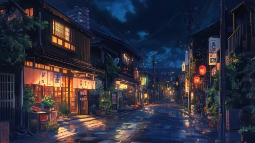 Anime night street with glowing lantern shops and rain.