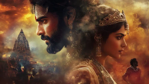 Epic dual portrait juxtaposes royal profiles with temple silhouette