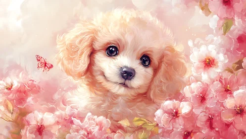 Fluffy cream puppy framed by luminous pink blossoms.