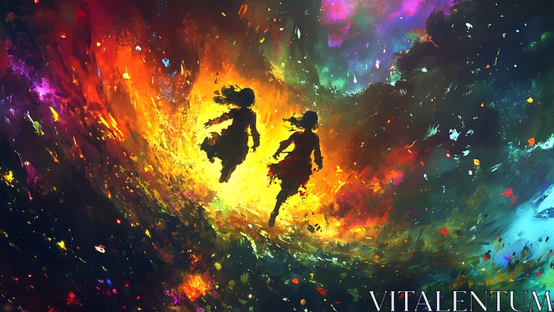 Two friends drifting through a glowing cosmic storm of color.