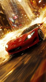 Red sports car racing through glowing city streets.