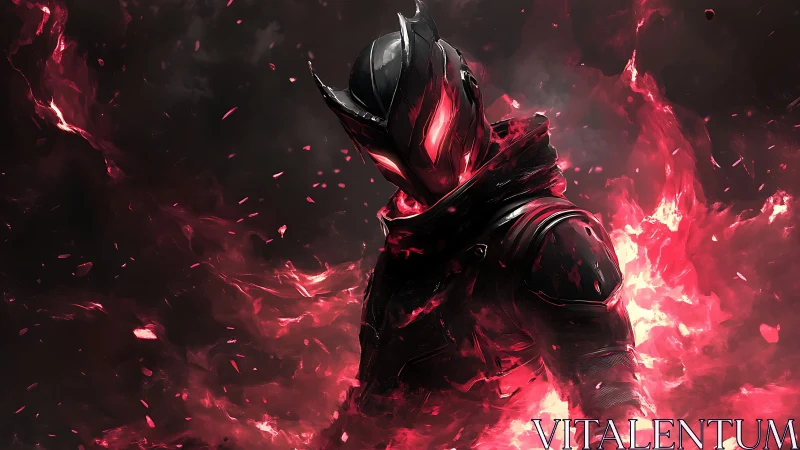Armored dark warrior wreathed in red infernal flames.