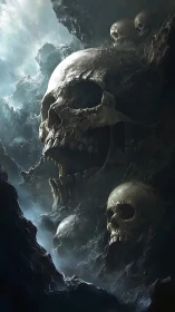 Colossal skull cavern rises from swirling spectral mist.