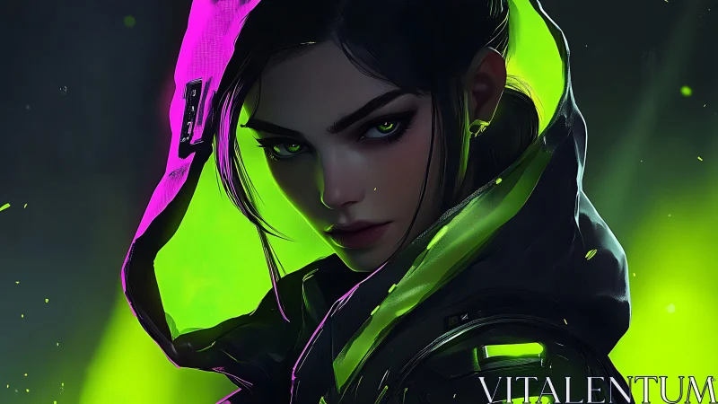 Neon-hooded cyber assassin in toxic green glow portrait.