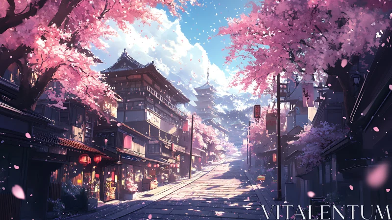 Cherry-lined slope leads toward pagoda under clear daylight