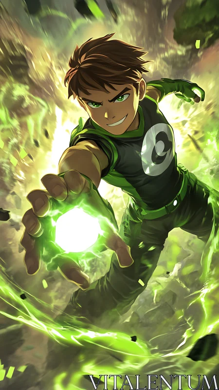 Green-suited hero channels explosive emerald energy sphere.