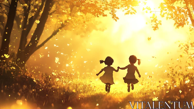 Sunlit childhood silhouettes race through a golden leafstorm