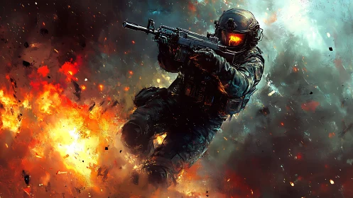 Ballistic shockwave operator in mid-air incendiary crossfire.