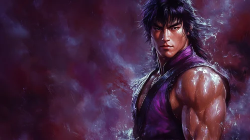 Storm-lit warrior in violet gi stares down unseen destiny.