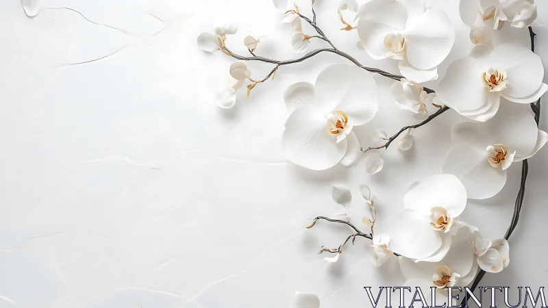 White orchid branches on textured minimalist backdrop.