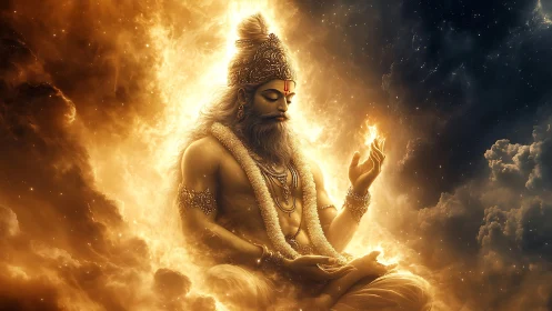 Radiant meditating deity enveloped in volumetric fiery nebula