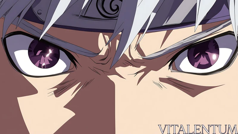 Intense anime closeup with focused violet warrior gaze.