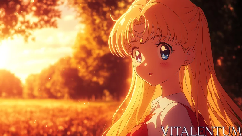 Golden haired anime girl under glowing sunset trees.