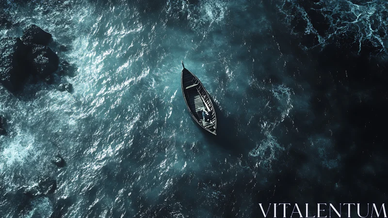 Wooden rowboat remains centered amid textured ocean surface