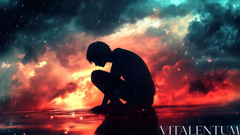 Silhouetted figure kneels in rain beneath a blazing storm sky.