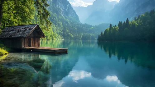 Wooden lakeside boathouse beside forested mountainside lake.