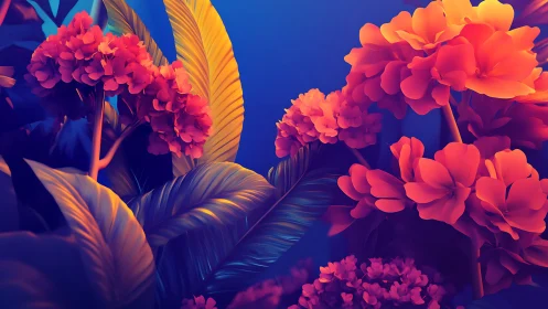 Luminous tropical blooms glowing against a deep blue hush.