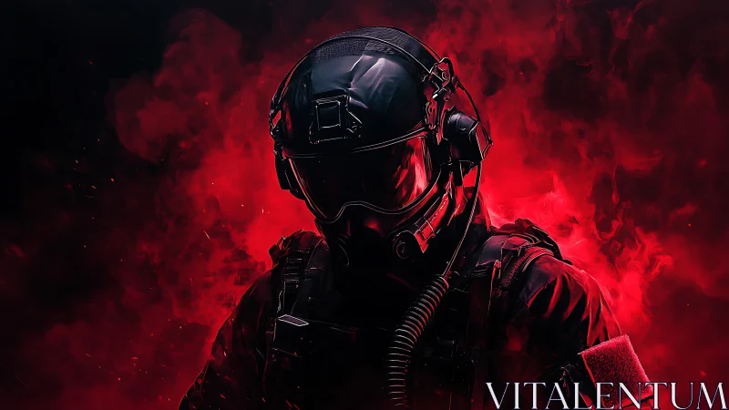 Tactical helmeted figure in red smoke environment at center.