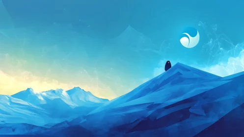 Low poly alpine ridge with monolith under abstract binary moon