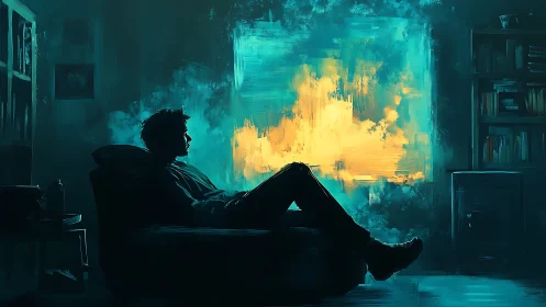Solitary Contemplation: Digital Silhouette Within Luminescent Interior.