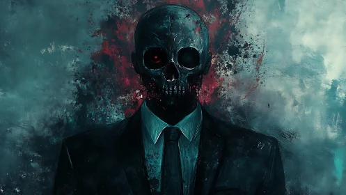 Corporate reaper quietly studies mortals through a crimson lens