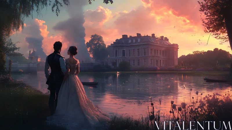 Romantic couple at sunset by palatial riverside estate.