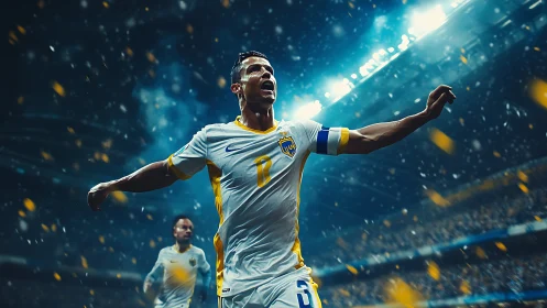 Triumphant soccer captain under stadium lights in motion.