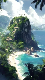 Towering coastal rock formation with dense vegetation and turquoise waters