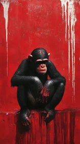 Solitary chimpanzee on red wall with dripping paint.