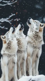 Three synchronized wolves in vertical winter alignment howling upward
