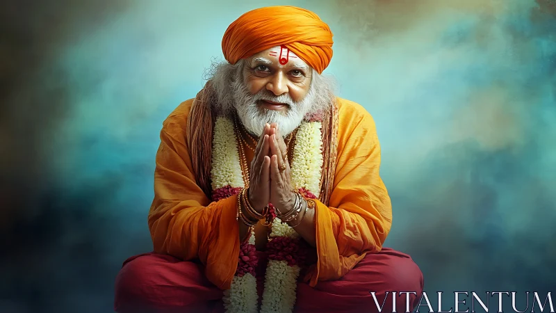 Digital portrait of saffron-clad guru in centered prayer pose.