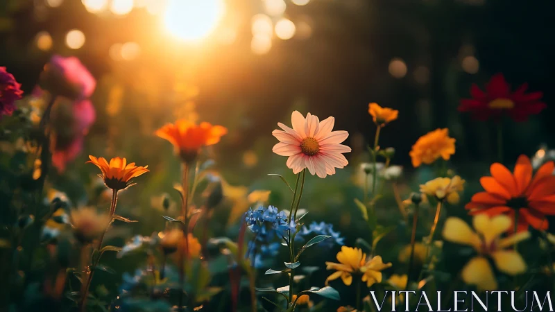 Sunlit wildflower garden is captured in shallow depth focus
