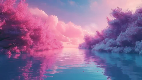 Cotton candy forests lean over a glassy neon dream river