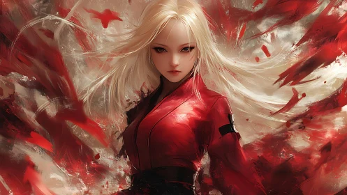 Blonde warrior in red coat amid dynamic abstract crimson strokes