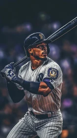 Powerful baseball batter waits in dramatic stadium lighting