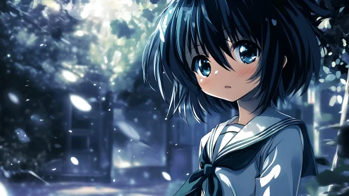 Melancholic schoolgirl rendered in luminous twilight anime style