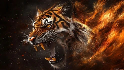 Roaring tiger head dissolves into incandescent flame trails