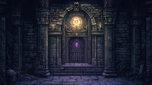 Stone doorway in dim corridor is illuminated by central lights