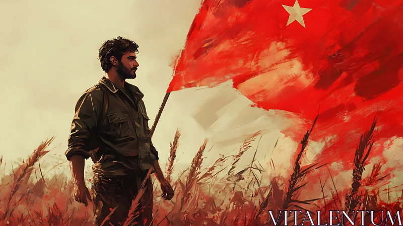 Lone revolutionary stands in burning field beneath red flag