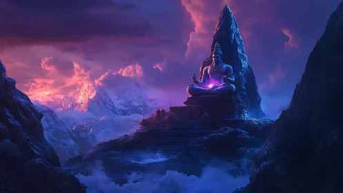 Meditating deity radiates violet energy over twilight peaks