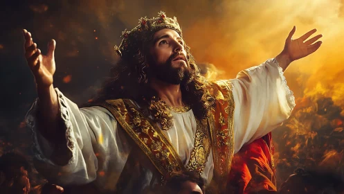 Regal robed figure with crown raises arms toward glowing light.