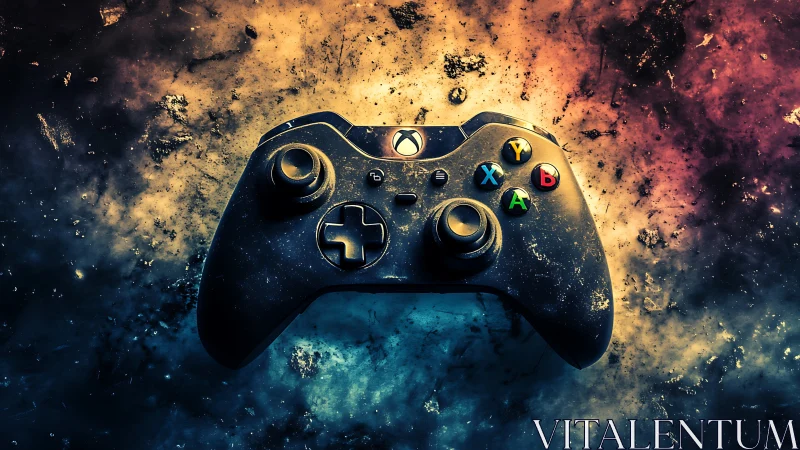 Game controller suspended in cosmic nebula glow.