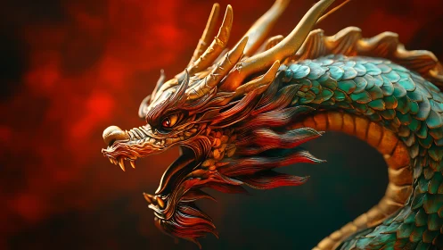 Emerald-scaled dragon head with molten red mane and horns.