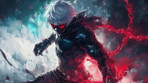 Anime combat figure in kinetic red and cyan energy field.