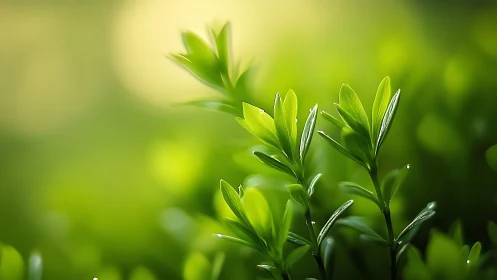 Sunlit green leaves with dewdrops in dreamy soft focus.