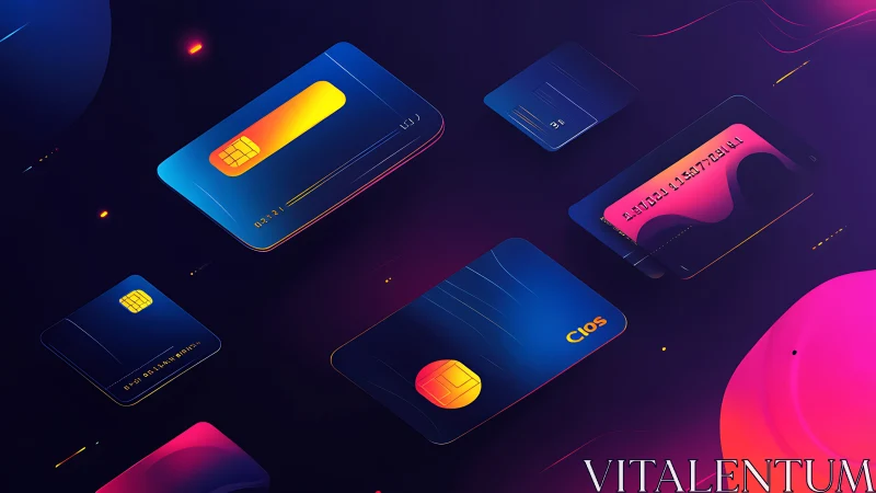 Neon gradient credit cards float in an abstract fintech space