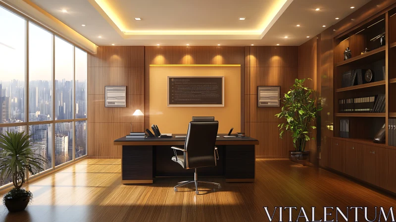 Executive office interior uses warm wood paneling and linear LED lighting